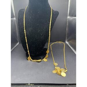 Vintage Romooz Lot of 2 Dainty Gold Tone Coin Pendant Style Statement Necklace